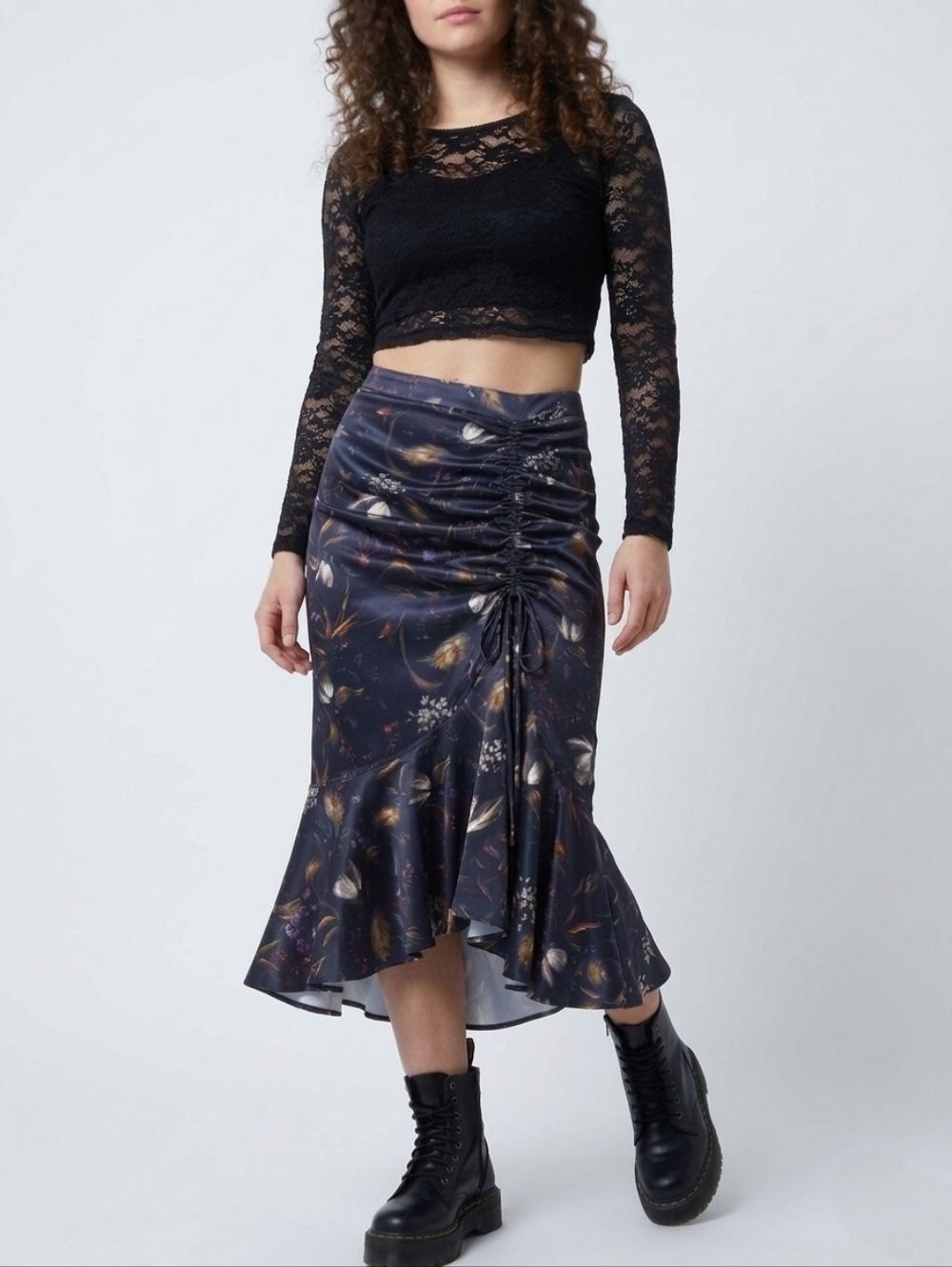 Reserved Ruched Satin Midi Skirt Dark Floral Ruffle Hem EU 36